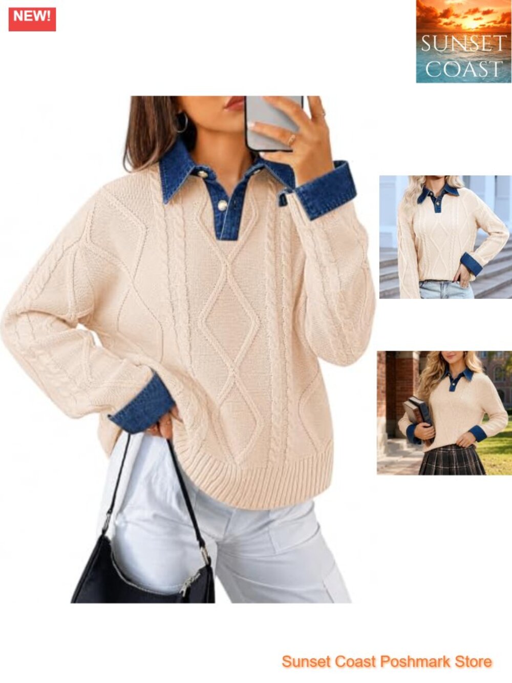Cable Knit Sweater Womens Oversized Denim Polo Pullover